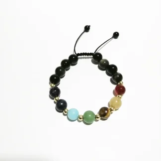 PULSERA 8mm 7 CHAKRAS, OBSIDIANA Y ORO LAMINADO 4mm